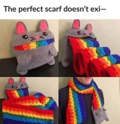 Crocheted Nyan cat meme unfurling into a long cozy rainbow scarf