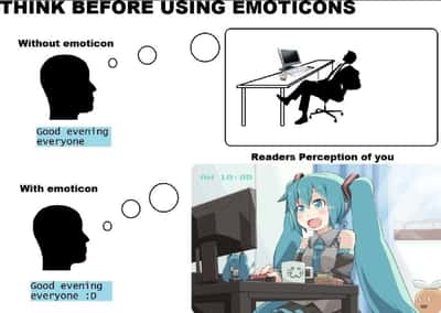 Hatsune miku meme showing how emoticons change others' perception of you