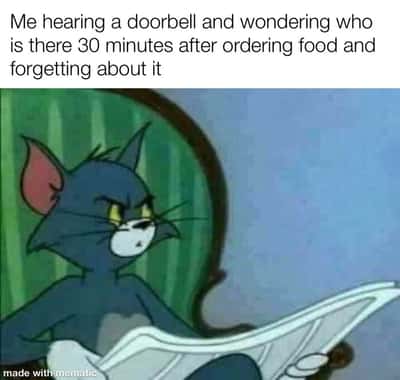 Tom suspicious meme confused by late food delivery doorbell ring