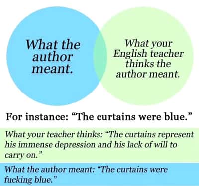 English teacher meme overanalyzes blue curtains line