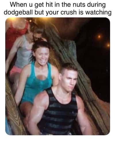 Muscle guy meme hit in nuts during dodgeball when crush watches