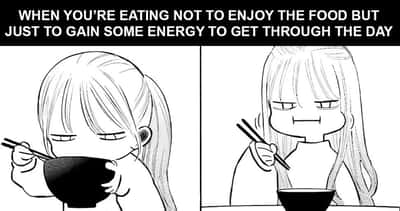 Tired girl meme eating to get through day