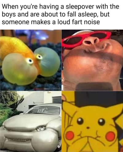 Boys sleepover meme trying not to laugh at loud fart