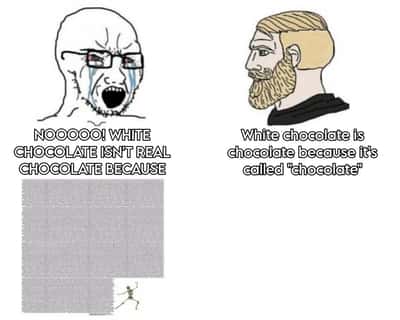 Soyjak and chad meme arguing over whether white chocolate is real chocolate