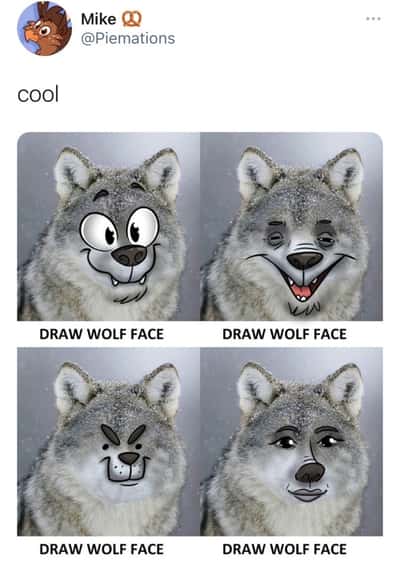 Four panel doodled cartoon face edited wolf meme with four different goofy expressions
