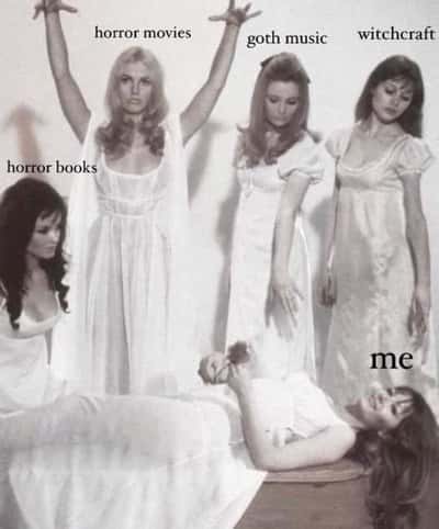 Me meme lying down enjoying horror books movies goth music and witchcraft