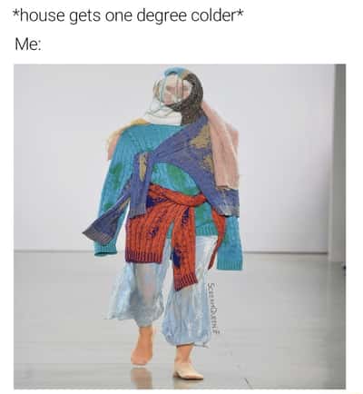 Overdressed person meme bundles up when house gets colder