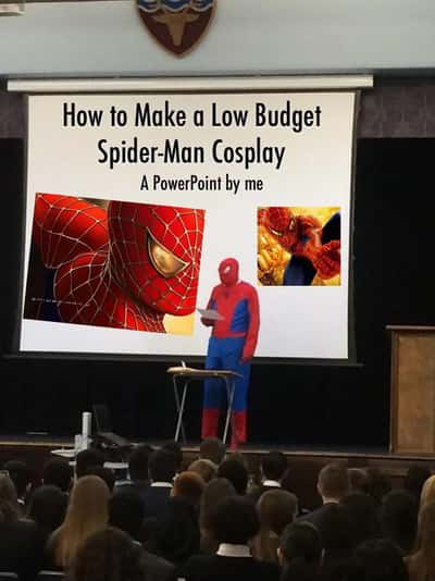 Low budget spider-man cosplay meme giving presentation in class