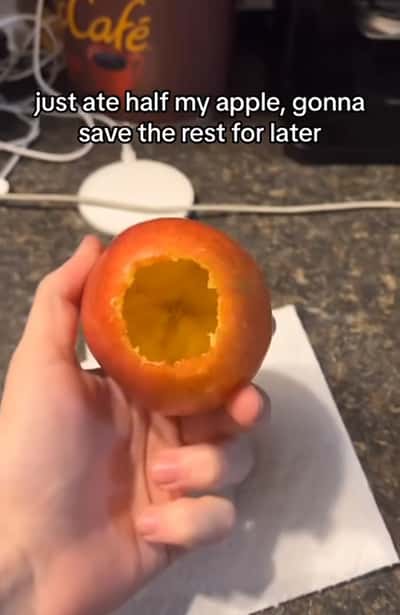 Hollowed apple meme person thinks they only ate half to save rest for later