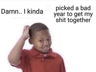Kid with hand on head meme realizing it's a bad year to get organized