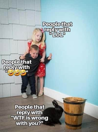 Kids scared of rabbit meme cower in corner reacting to different chat replies