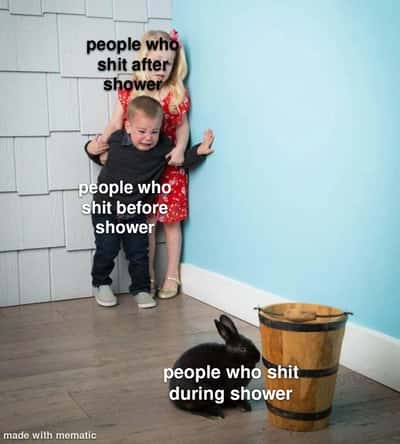 Kids scared of rabbit meme cowering in corner afraid of people who shit during shower