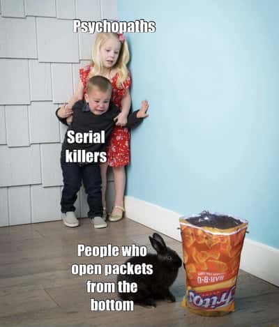 Kids scared of rabbit meme huddle against wall terrified of people who open packets from the bottom