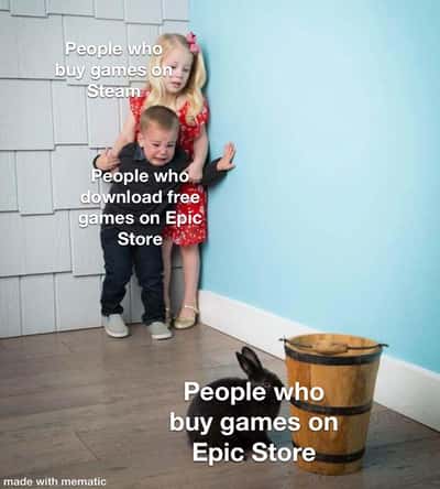 Kids scared of rabbit meme cowering in corner from people buying games on Epic Store