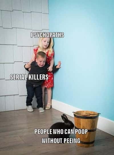 Kids scared of rabbit meme cowering in corner terrified of people who poop without peeing