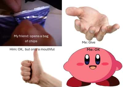 Kirby meme eats all chips after friend says only a mouthful