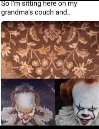 Pennywise rug meme seen on granny's couch