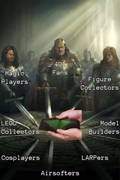 Geek hobby groups meme point swords at empty wallet
