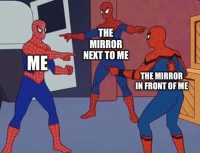 Three spidermen pointing meme confused by multiple mirror reflections