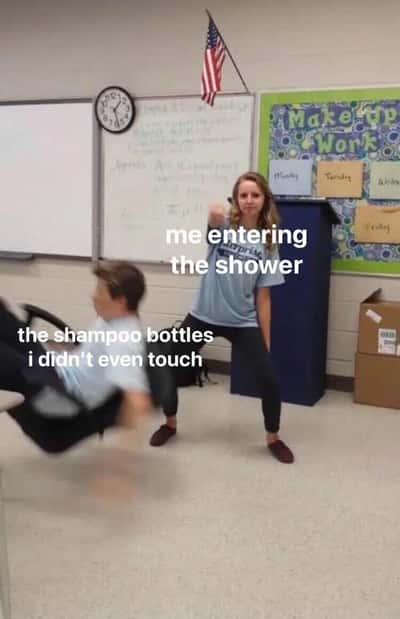 Shampoo bottles meme knocked over when entering shower