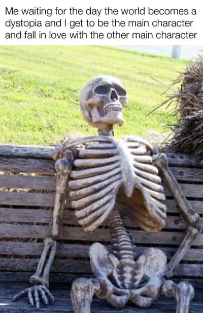 Skeleton waiting meme perched on a bench waiting for his dystopia main character romance arc