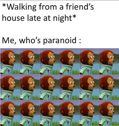 Side eye monkey meme looking around paranoid walking home late