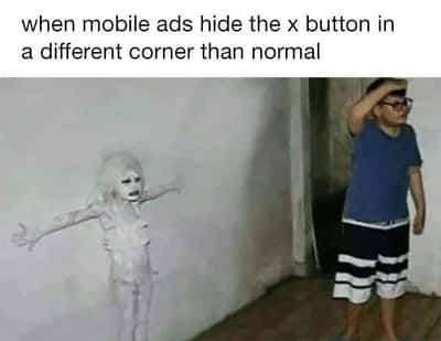 Confused kid meme trying to find misplaced x button on mobile ads