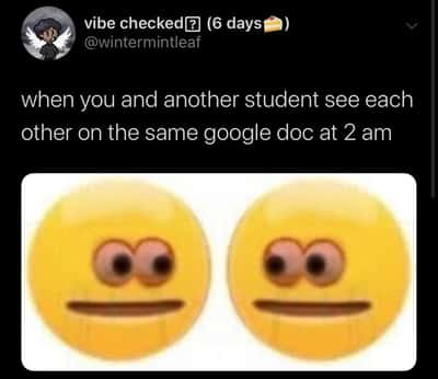 Cursed emoji meme two students see each other on google doc at 2am