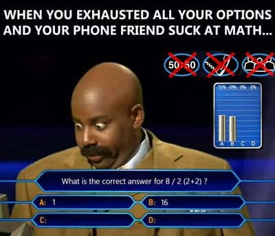 Steve harvey meme confused over 8/2(2+2) math problem