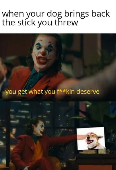 Happy shiba inu fetch meme where Joker hands you the stick you threw