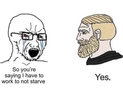Yelling and crying man meme shocked about needing work to eat