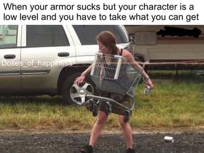 Low level rpg character meme using shopping cart as poor makeshift armor
