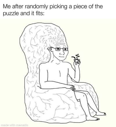 Big brain wojak meme feeling proud after lucky puzzle match