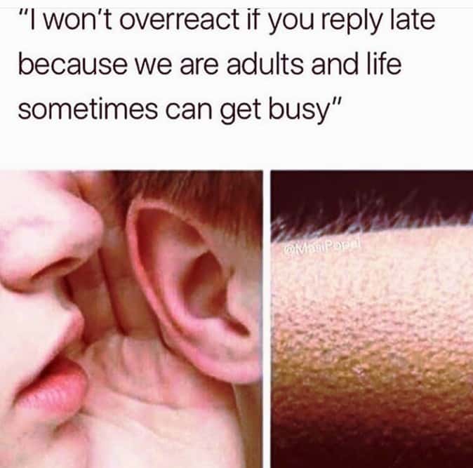 Whisper in Ear Goosebumps Meme: I won't overreact if you reply late because we are adults and life sometimes can get busy Whisper in Ear Goosebumps Meme: I won't overreact if you reply late because we are adults and life sometimes can get busy