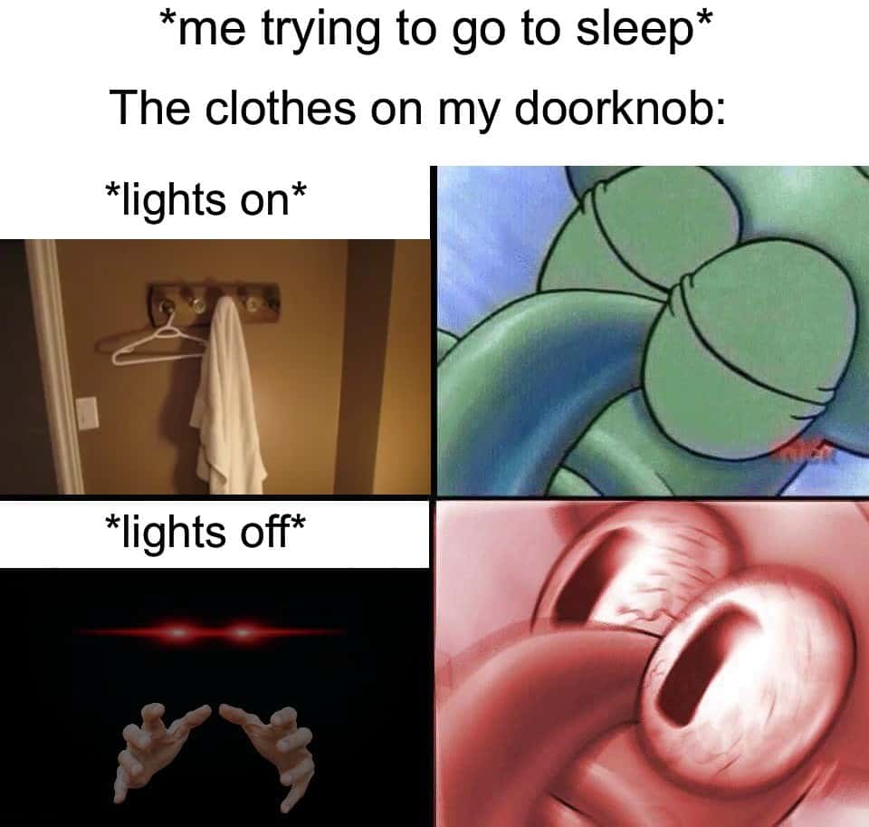 Sleeping squidward meme scared by doorknob clothes in dark