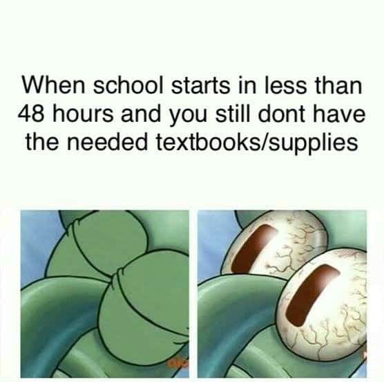 Sleeping squidward meme panics no textbooks before school starts