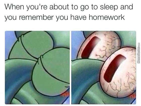 Sleeping squidward meme remembers homework before sleep