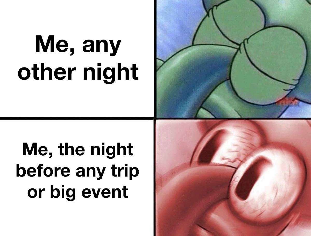 Sleeping squidward meme can't sleep before trip or big event