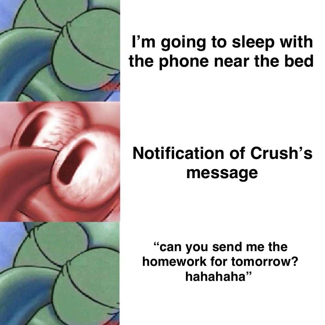 Sleeping squidward meme woken up by crush's homework message