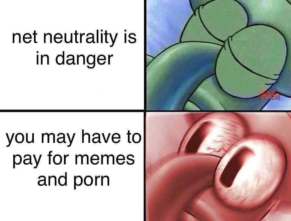 Sleeping squidward meme wakes up shocked by net neutrality danger