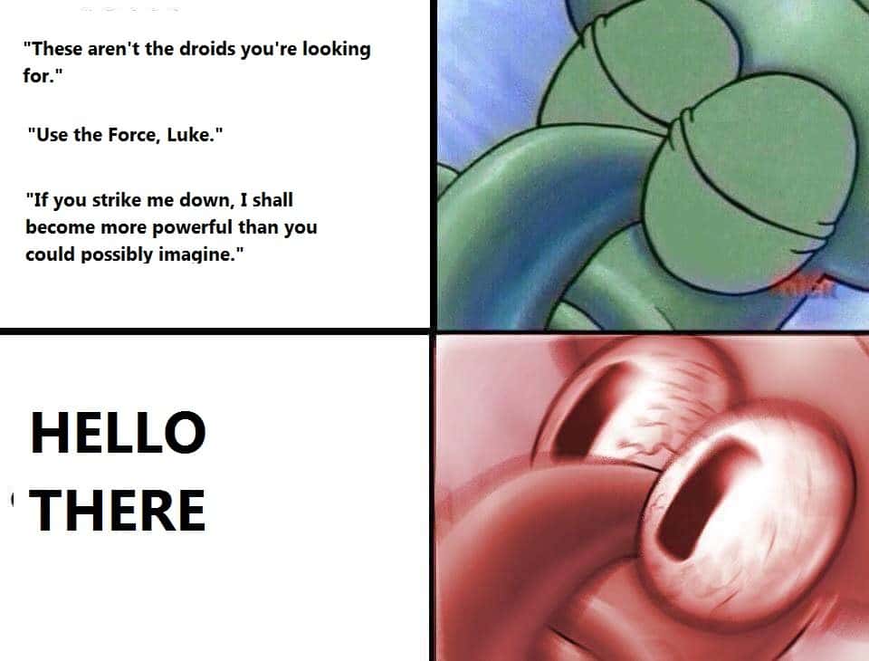 Sleeping squidward meme wakes up hearing hello there