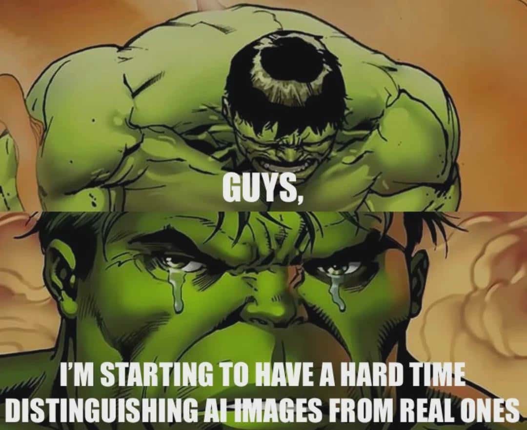 Crying hulk meme struggling to distinguish ai from real images