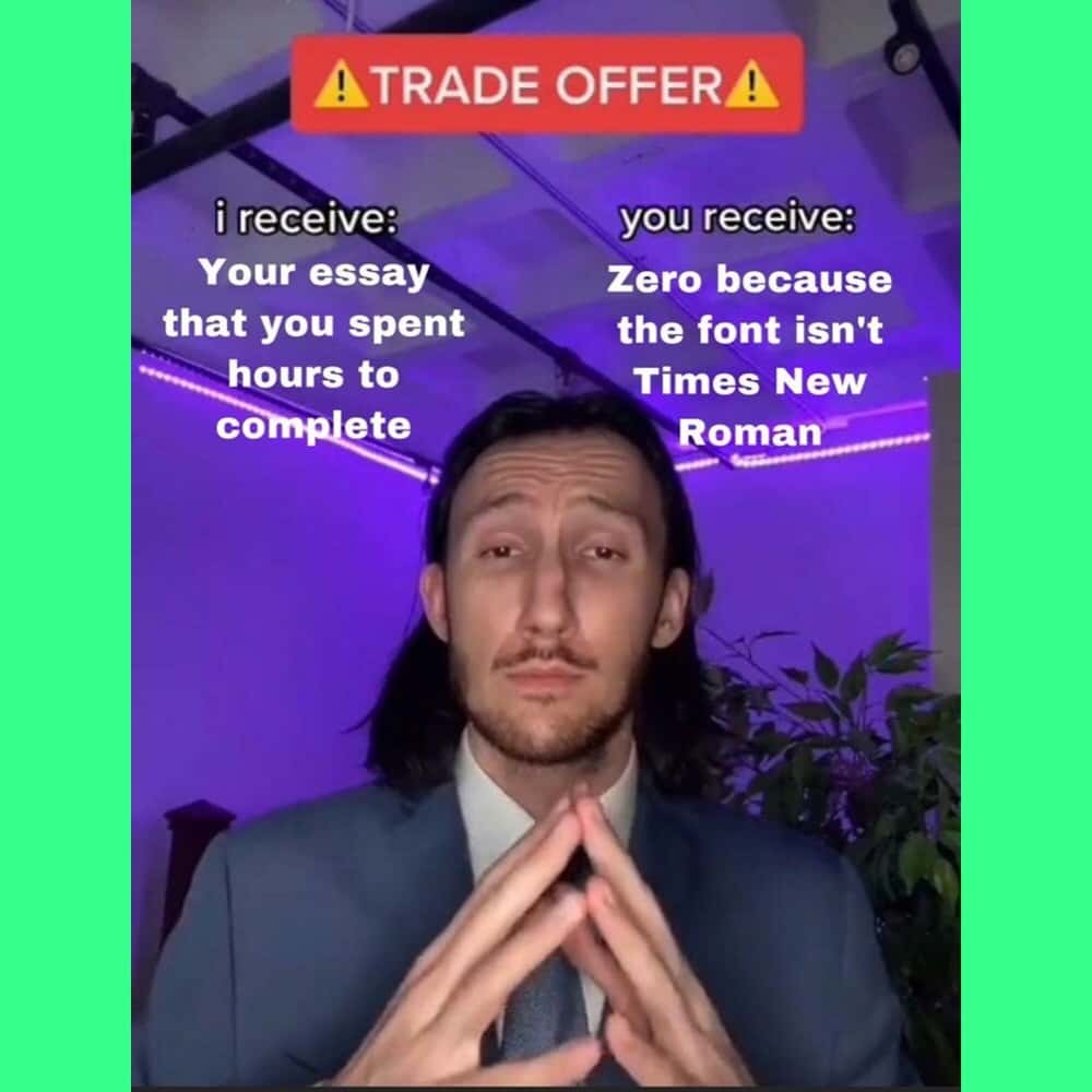 Funny Essay Trade Offer Meme: Times New Roman Font Joke