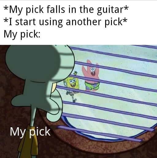 Squidward looking out window meme guitar pick stuck inside