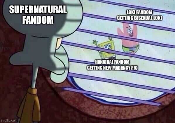 Squidward looking out window meme jealous of other fandoms