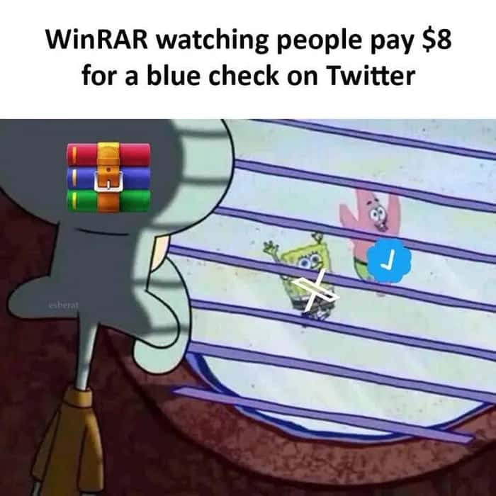 Squidward looking out window meme watching people pay for twitter blue