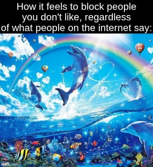 Rainbow dolphin meme happily blocks unwanted people online