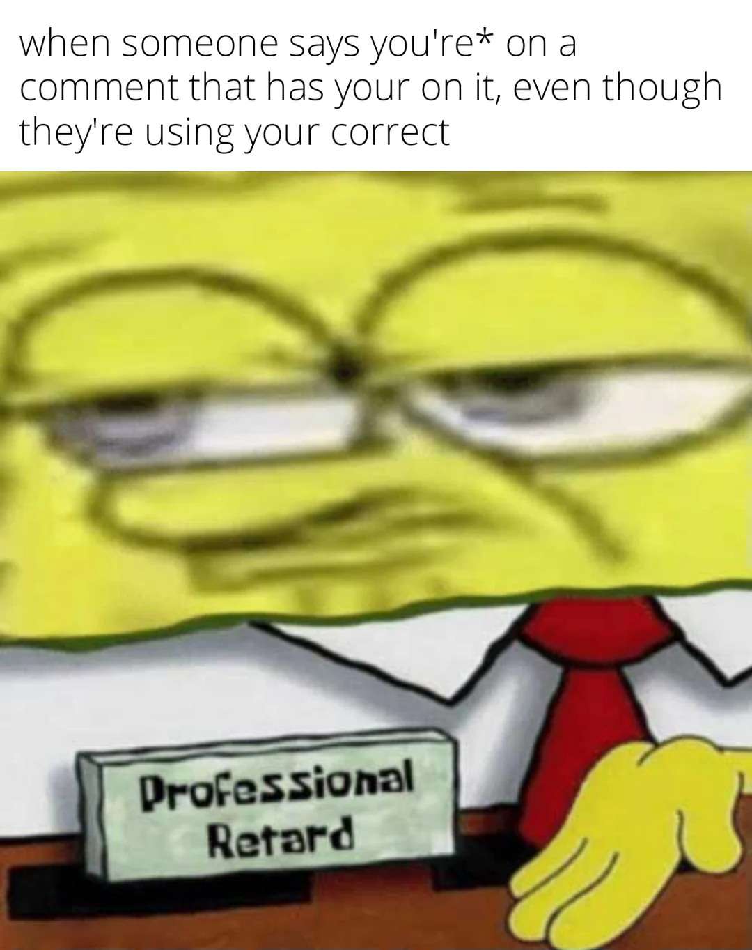 SpongeBob Professional Retard Meme: when someone says you're on a comment that has your on it, even though they're using your correct SpongeBob Professional Retard Meme: when someone says you're on a comment that has your on it, even though they're using your correct