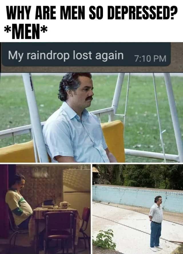 Pablo Escobar waiting meme sad over lost raindrop