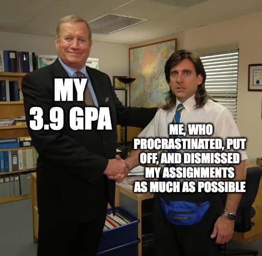 The office handshake meme about 3.9 GPA vs procrastination